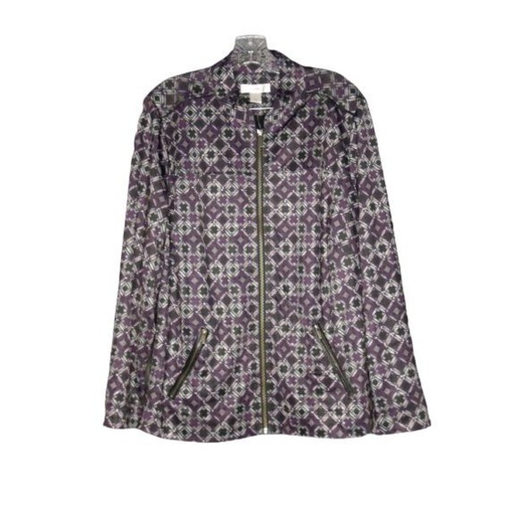 CJ Banks Full Zip Jacket Womens Size 1x Shiny Purple Gray Black Metallic Print - Picture 1 of 10